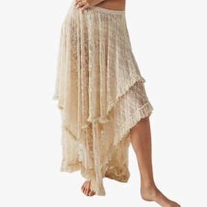 Elegant Cream Lace Asymmetrical Maxi Skirt